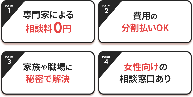 専門家による相談料0円／費用の分割払いOK／メディアで有名なおすすめ事務所／女性専用の相談窓口あり／家族や職場に秘密で解決／家からでも相談できる